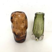 A clear to olive green stylised tulip shaped vase with bubble inclusions (19cm x 8cm) and another