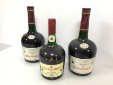 A 1.13L bottle of Courvoisier Cognac and two 1.5L bottles of Courvoisier with inverted labels (3)