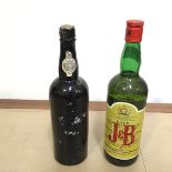 A bottle of J&B Scotch whisky and a bottle of Port, main label missing, label to neck with the