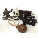A mixed lot including a vintage tape measure in leather case, marked Chesterman, Sheffield (d.