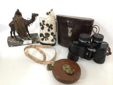 A mixed lot including a vintage tape measure in leather case, marked Chesterman, Sheffield (d.