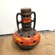 A 1970s German stoneware lamp base of flask form with handles to side (45cm x d.32cm)