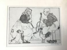 Darrah Brown (?), Elderly Couple with Animals, etching, signed bottom right, framed (14cm x 19cm)