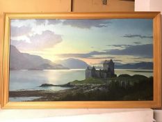 John Davey (?), Castle overlooking a Loch, oil, signed bottom right (66cm x 117cm)