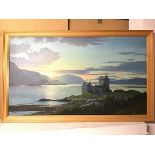 John Davey (?), Castle overlooking a Loch, oil, signed bottom right (66cm x 117cm)