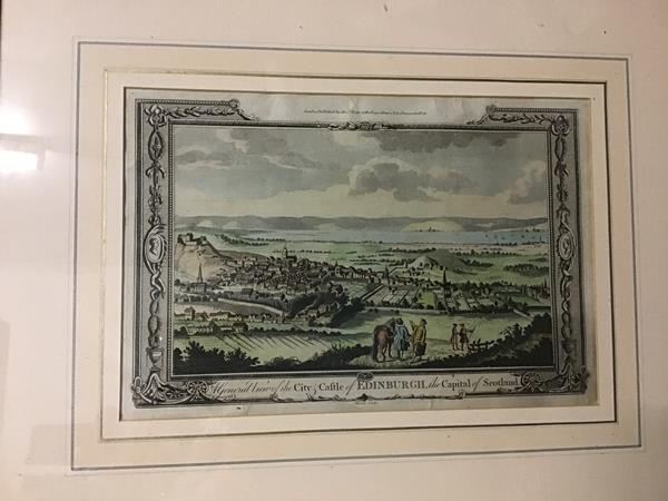 A mid 18thc coloured engraving entitled, A General View of the City and Castle of Edinburgh, the