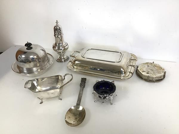 An assortment of Epns including a serving dish with lid (7cm x 30cm x 21cm), a sugar castor, a