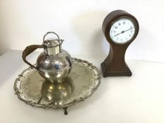 A 1920s/30s mantel clock of hourglass form on bun feet, together with an Epns teapot and footed