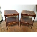 A pair of Georgian inspired mahogany lamp tables, the crossbanded tops on turned supports above a