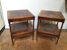 A pair of Georgian inspired mahogany lamp tables, the crossbanded tops on turned supports above a