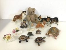 A collection of ceramic animals including Wade tortoises, a Beswick Collie and other Collies, a V.