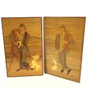 A pair of marquetry panels depicting Men with Canes, Smoking Pipes, with Dogs (each: 46cm x 29cm)