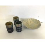 Three Margery Clinton beakers, each with naturalistic lustre glaze (10cm x 6cm), a footed Studio