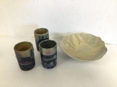 Three Margery Clinton beakers, each with naturalistic lustre glaze (10cm x 6cm), a footed Studio