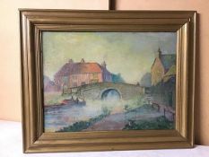 J. Banker, River under Bridge, oil on canvas (30cm x 40cm)