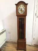 A modern mahogany grandmother clock with dome top, face panel marked, WM Widdop, complete with