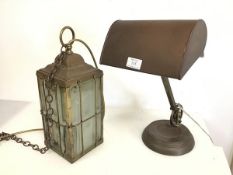 A 1930s/40s brass and copper banker's lamp on circular dished base (h.40cm x 21cm x 14cm) and a