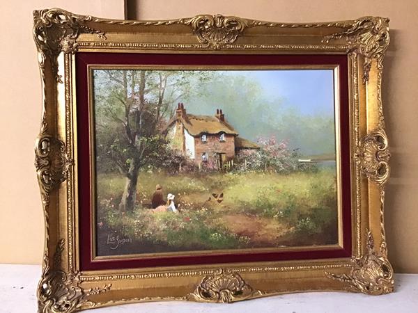 Les Parson, Country Cottage with Children under Tree, oil on canvas (30cm x 40cm)