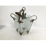 A vintage hall lantern with four etched glass panels suspended by metal frame (34cm x 23cm x 23cm)