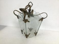 A vintage hall lantern with four etched glass panels suspended by metal frame (34cm x 23cm x 23cm)