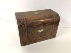 A 19thc walnut and parquetry tea caddy, the fitted interior with two fabric lined recesses, both