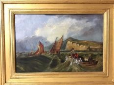 19thc School, Seascape with Boats, oil on canvas (22cm x 34cm)