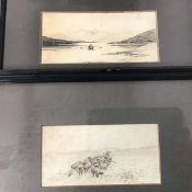 Scottish school, Figure Rowing in a Loch, pencil and ink sketch (8cm x 18cm) and a Flock of Sheep (