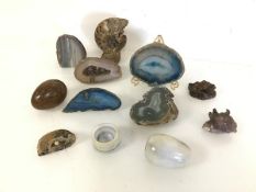 An assortment of geode and nodule fragments, some with figures, and a fossilized sea creature, a