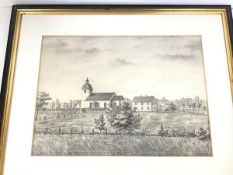 A reproduction print, Church with Parishioners, signed and dated '79 bottom right (29cm x 40cm)