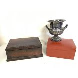 A mixed lot including a 19thc rosewood hinged box (13cm x 32cm x 22cm), an Epns urn form vase and