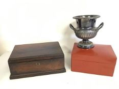 A mixed lot including a 19thc rosewood hinged box (13cm x 32cm x 22cm), an Epns urn form vase and