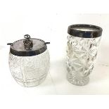 A 1920s cut glass vase with Mappin & Webb silver collar to rim (19cm x 9.5cm) and a novelty