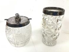 A 1920s cut glass vase with Mappin & Webb silver collar to rim (19cm x 9.5cm) and a novelty