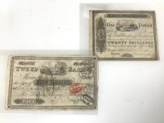 Two 19thc Northern Provincial banknotes, Tweed Bank, Berwick, 1839 no.4905 and Leith Banking