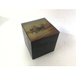 A Russian lacquered box, the painted lid depicting Figures in a Horsedrawn Cart (14cm x 13cm x