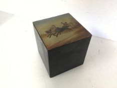 A Russian lacquered box, the painted lid depicting Figures in a Horsedrawn Cart (14cm x 13cm x
