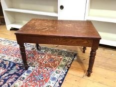 An early 20thc oak occasional table, the rectangular top with bevelled edge, on turned supports (