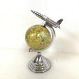 A retro terrestrial globe with metal Jet Plane finial, on stepped circular base (31cm x 19cm x