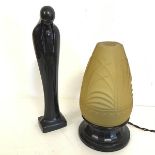 An Art Deco table lamp with conical glass shade on black glass base, some chips to shade (26cm)