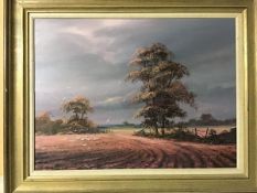 Hilary Schoffield, Field with Trees and Birds, oil on canvas, signed bottom right (44cm x 59cm)