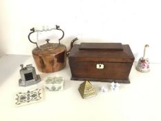 A mixed lot including a 19thc sarcophagus style mahogany tea caddy (a/f) (15cm x 25cm x 13cm), a