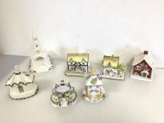 A collection of Coalport bone china houses, including The American Church (22cm x 15cm x 12cm) (a/