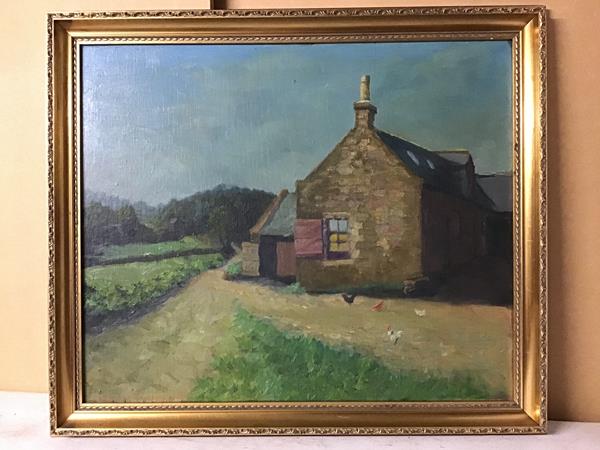 Scottish School, Farmhouse with Chickens, oil on board (49cm x 59cm)