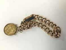 An 1895 gold sovereign on chain link bracelet, clasp marked 15ct (l.12cm) (combined: 29.22g)