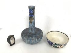 A Cranston Pottery flask vase with grape and leaf decoration to neck, chip to rim (30cm x 19cm)
