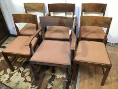A set of six 1930s/40s oak dining chairs, two carvers and four side chairs with faded chocolate