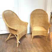 A pair of wicker armchairs on bent cane frames (108cm x 70cm x 63cm)