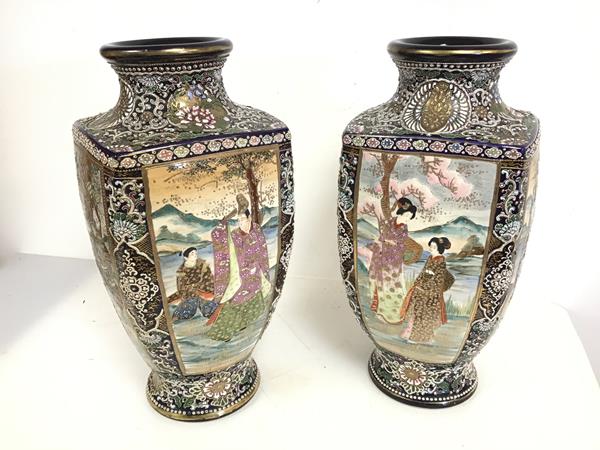 A pair of modern Japanese vases of baluster form and decorated with gilt and enamel, depicting