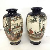 A pair of 1920s/30s blue and gilt Satsuma vases, of baluster form, depicting traditional Japanese