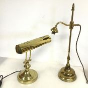 A modern adjustable brass banker's lamp (33cm x 25cm) and a brass table lamp with single arm,